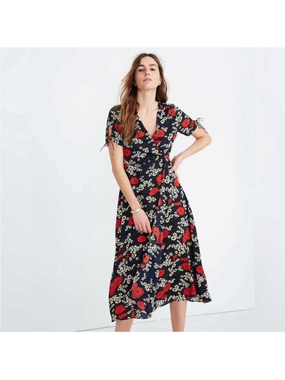 Madewell Black Midi Wrap Dress with Red and Cream Floral Print